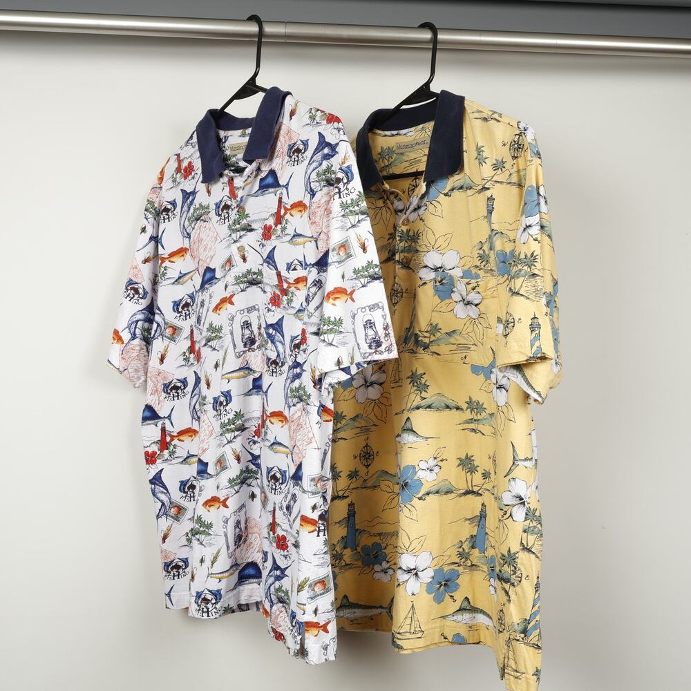 2x Vintage Munsingware Mens XL Polo Golf Shirt All Over Print Fishing Nautical